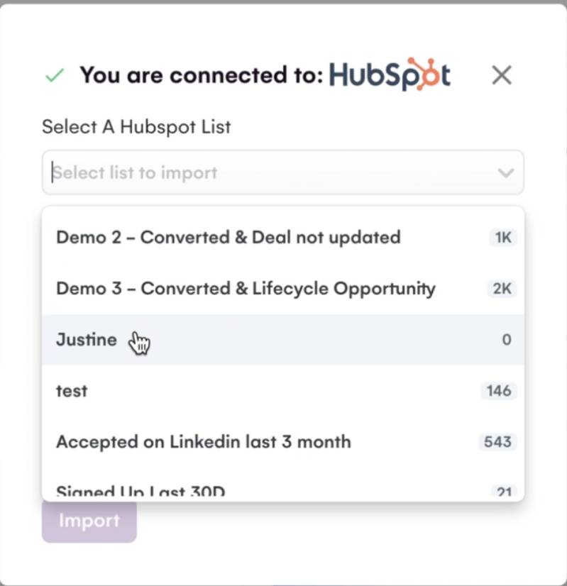 Escolher uma lista do HubSpot para importar para a La Growth Machine