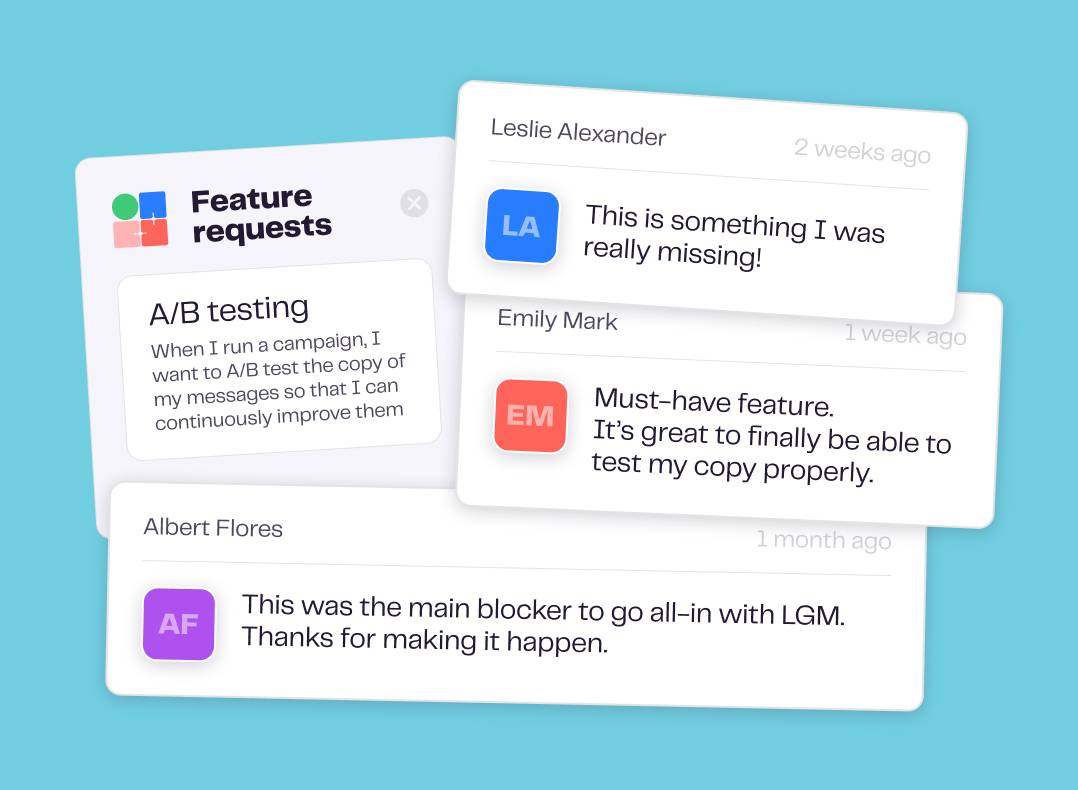 La Growth Machine feature request dashboard showing A/B testing user testimonials and feedback and close icon in UI