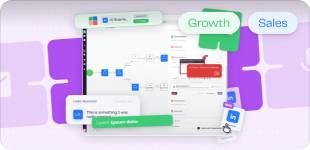A La Growth Machine sequence builder UI with nodes, LinkedIn buttons, and user reviews on a purple background.
