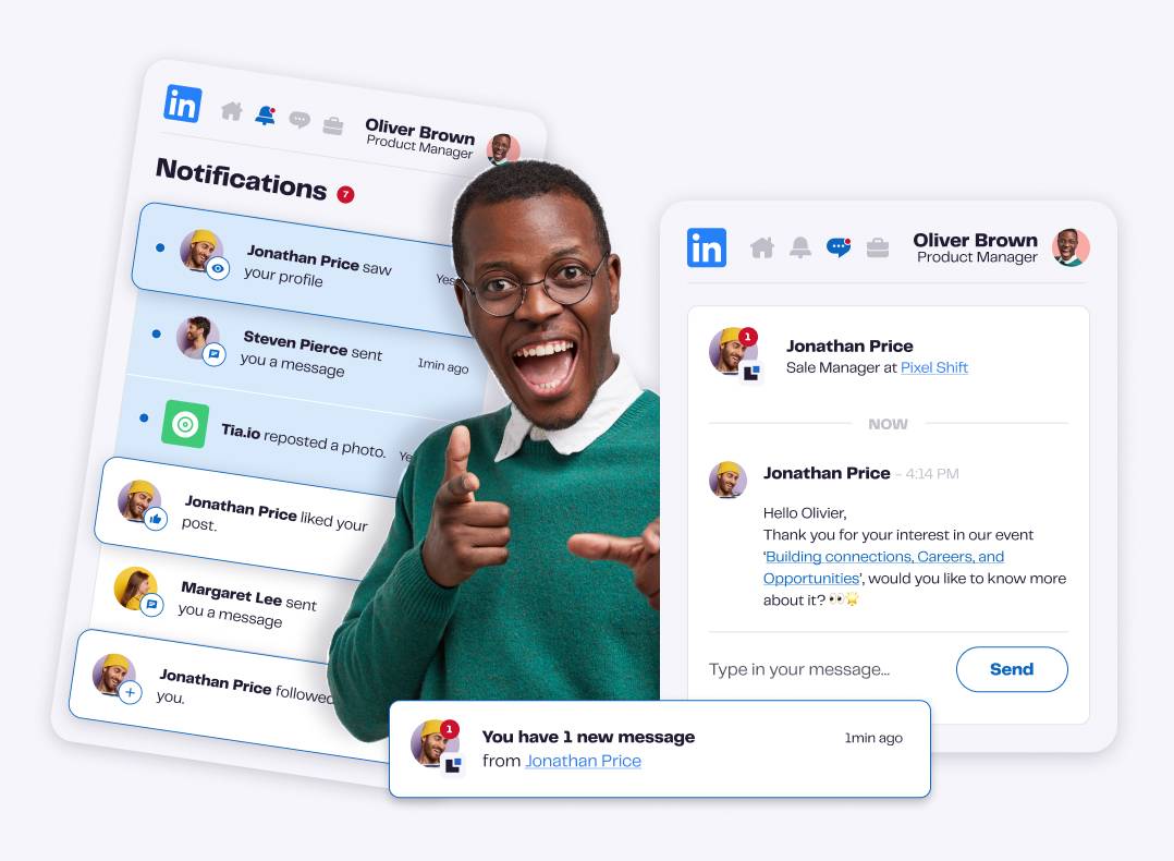 Man celebrates. Left UI shows notifications from Jonathan Price, Steven Pierce. Right shows LinkedIn message from Price.