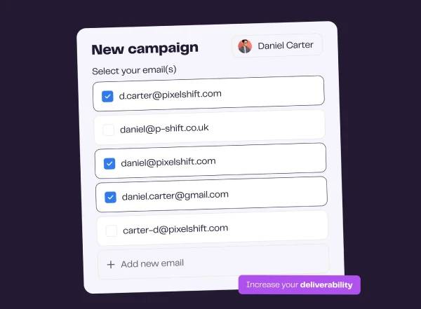 Software de prospecção por e-mail: configurando campanha de múltiplos remetentes com 3 contas selecionadas na rotação de caixa de entrada.