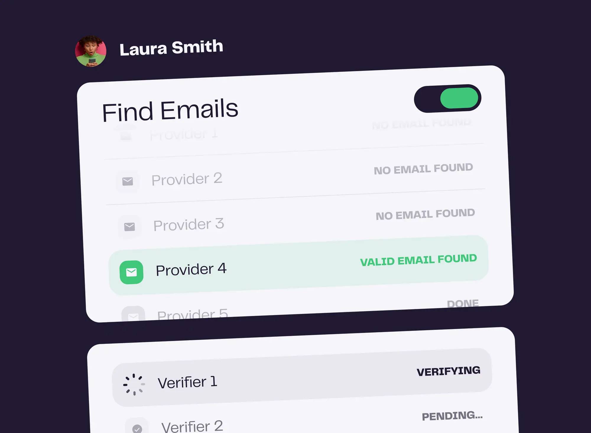 B2B-Vertriebs-Wasserfall-Anreicherungsdaten, die E-Mail-Verifizierungsanbieter und Status zeigen: Gültige E-Mail gefunden, Keine E-Mail gefunden.
