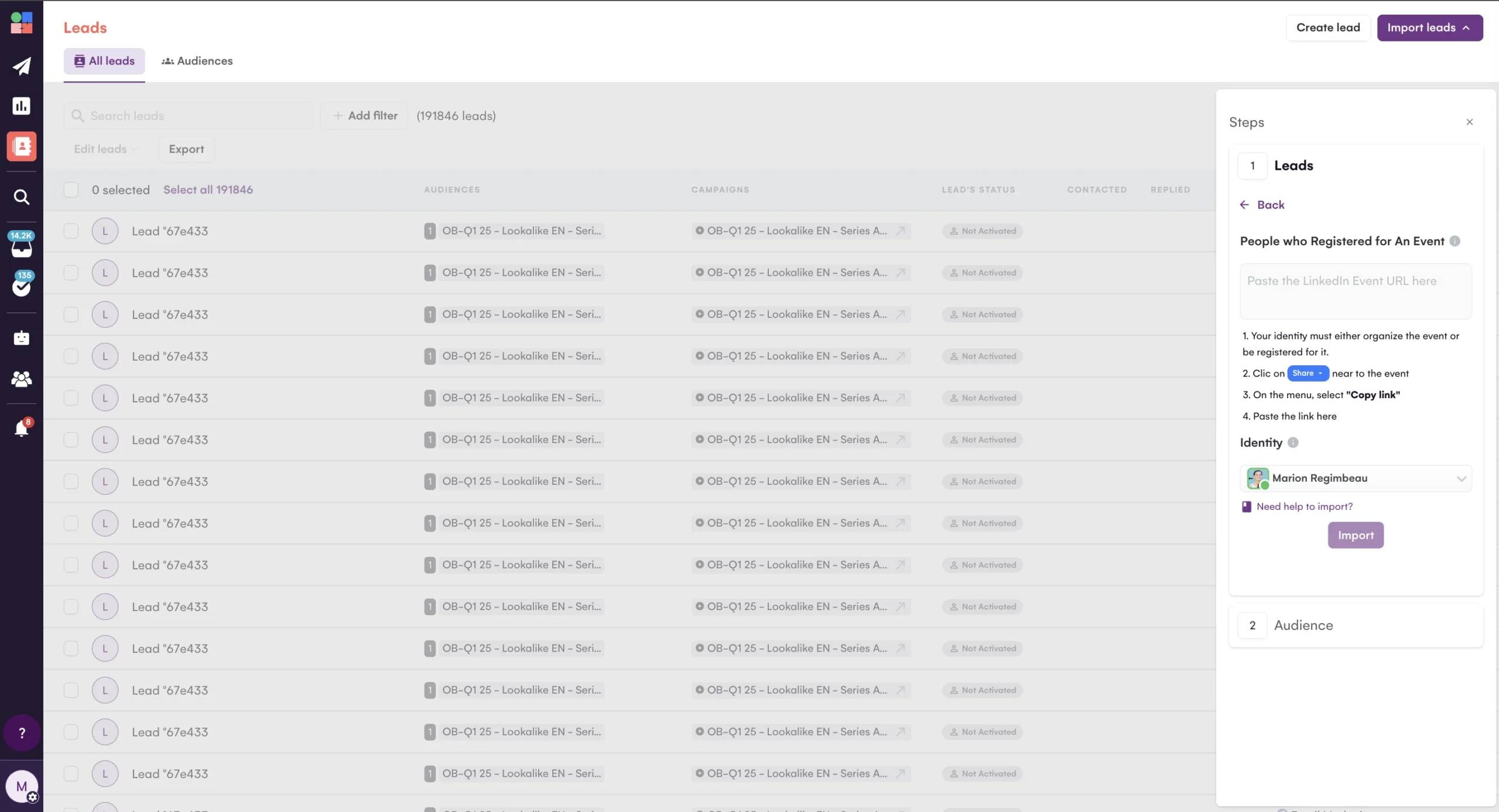 Tableau de bord La Growth Machine pour importer les inscrits aux événements LinkedIn comme données de prospects intentionnels pour la prospection à froid.