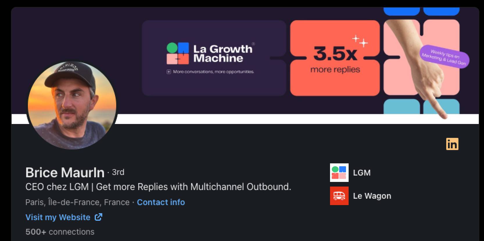 Brice Maurin, CEO of La Growth Machine (LGM), on a LinkedIn profile page with an LGM banner.