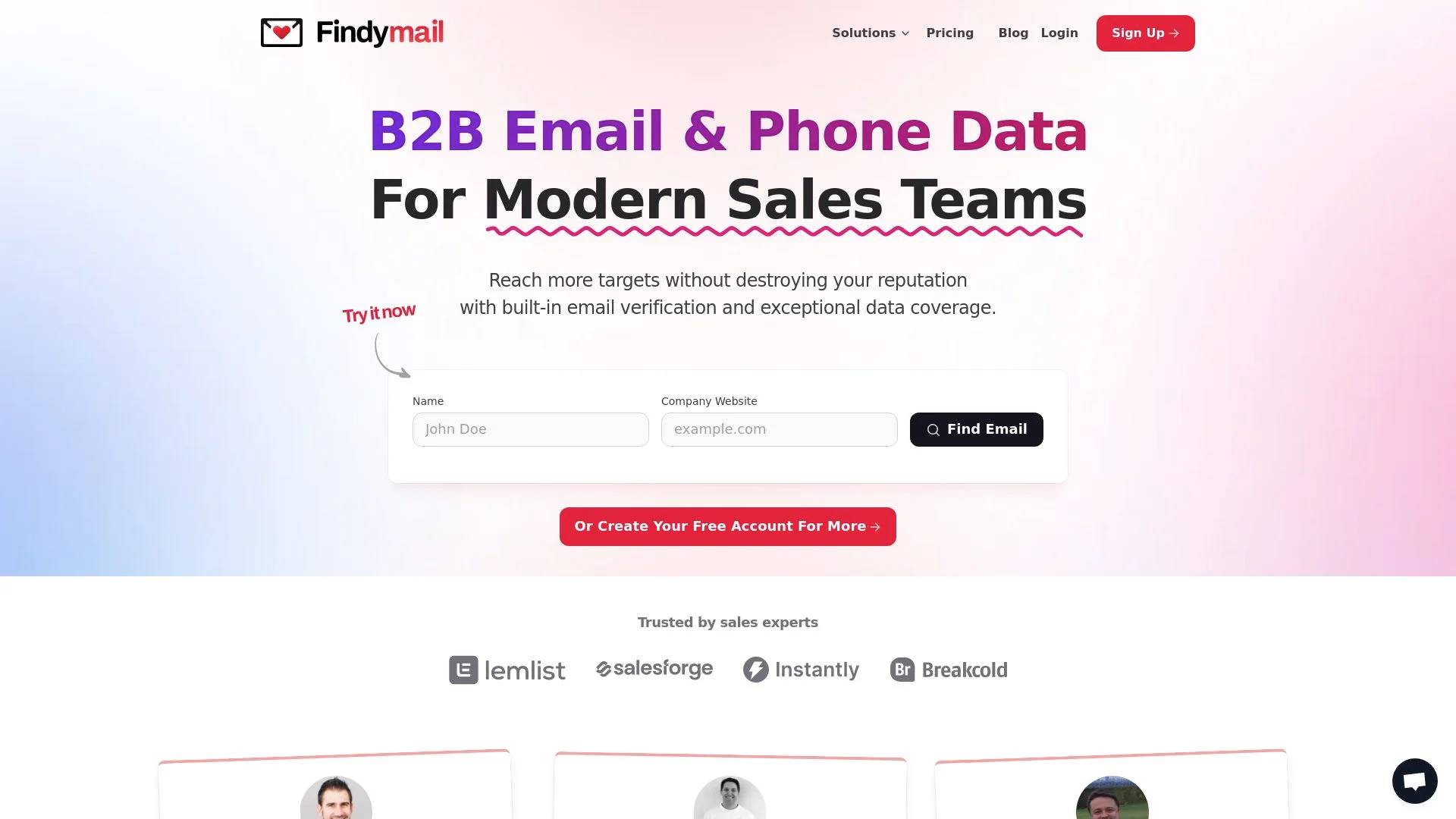 A Findymail web page for B2B data with search inputs and partner logos like Salesforce.
