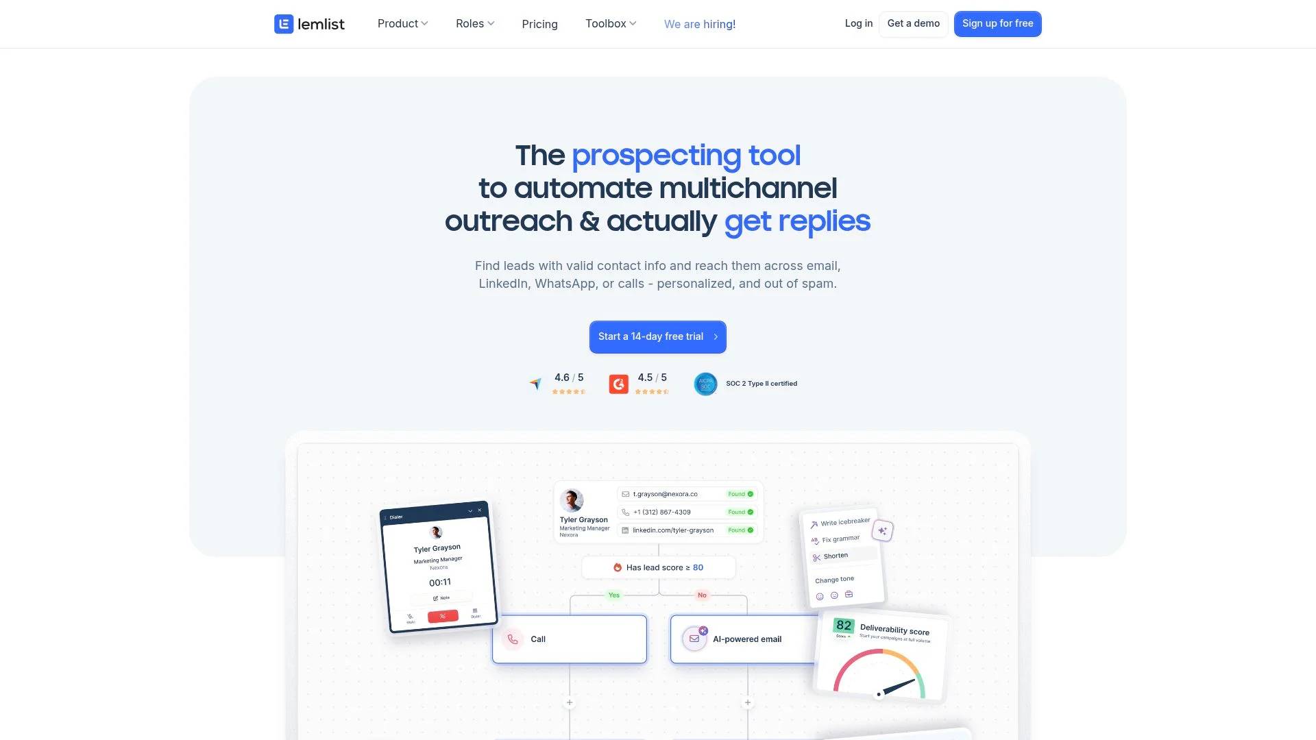 Website demonstrando a interface de automação de prospecção multicanal do Lemlist com um cartão de usuário, um discador, editor de e-mail e um medidor de entregabilidade para ajudar equipes de vendas a obter mais respostas.