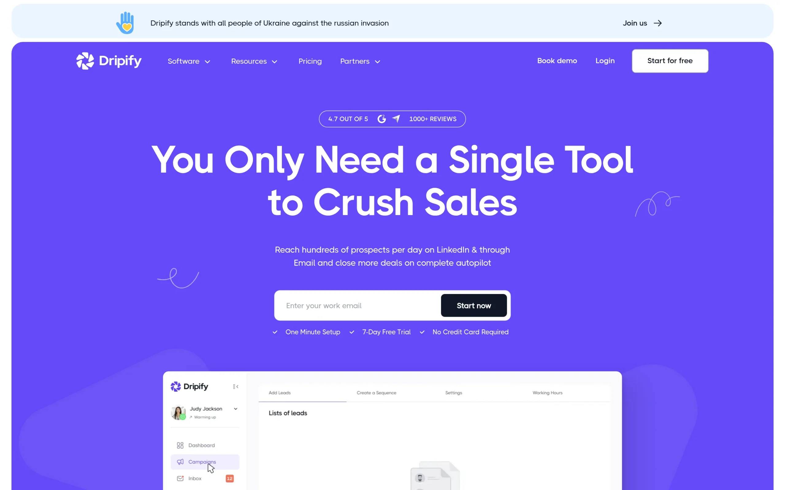 Dripify interface showing key features and dashboard