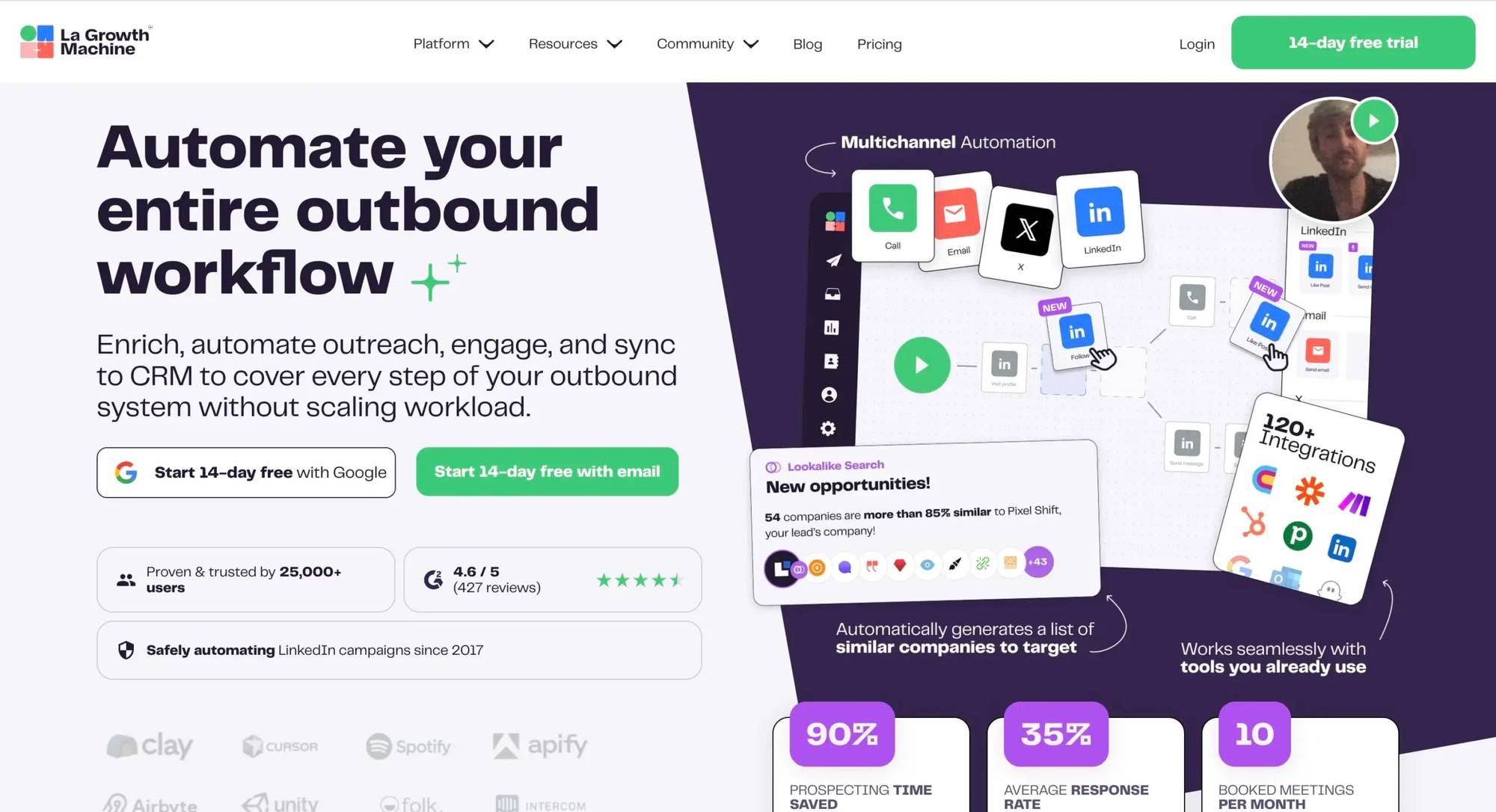 La Growth Machine interface showing key features and dashboard