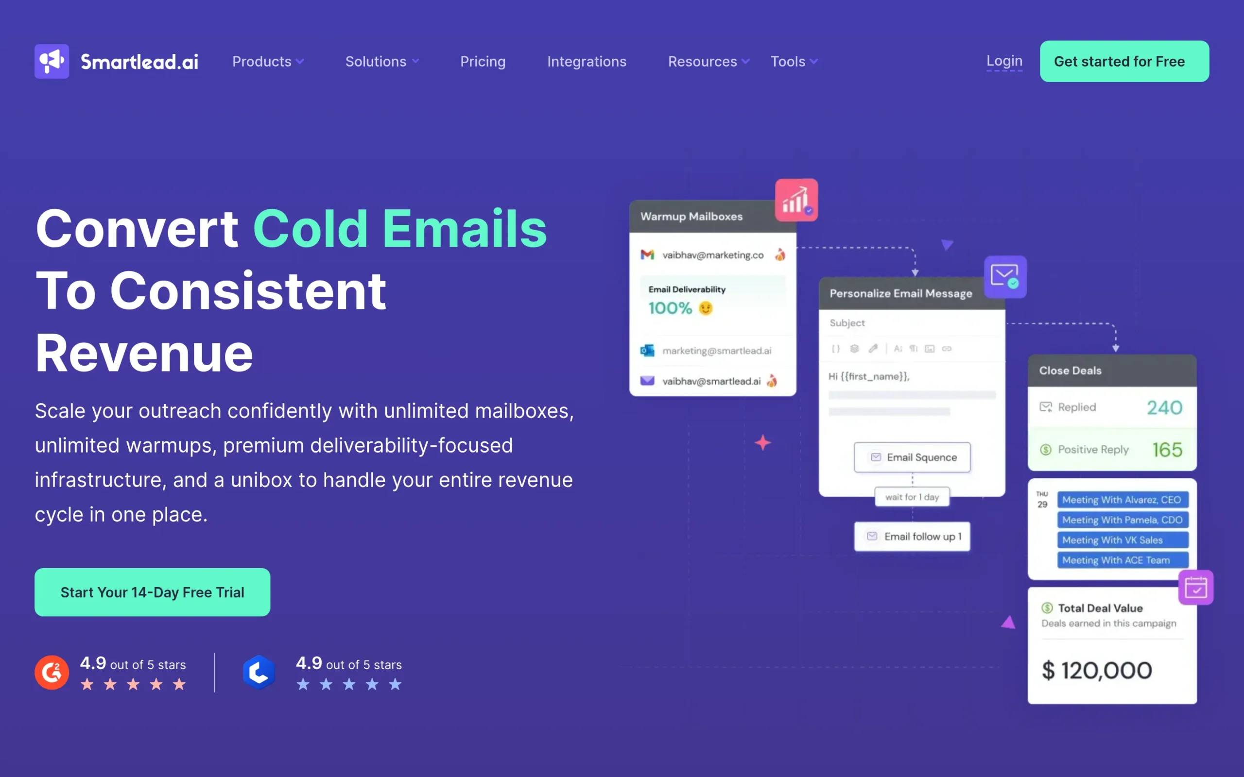 Capture d'écran Smartlead.ai. Montre une plateforme d'emailing B2B à froid avec des fonctionnalités : Réchauffement des boîtes aux lettres, Personnalisation des messages email avec flux d'automatisation, et analyses de clôture des transactions.