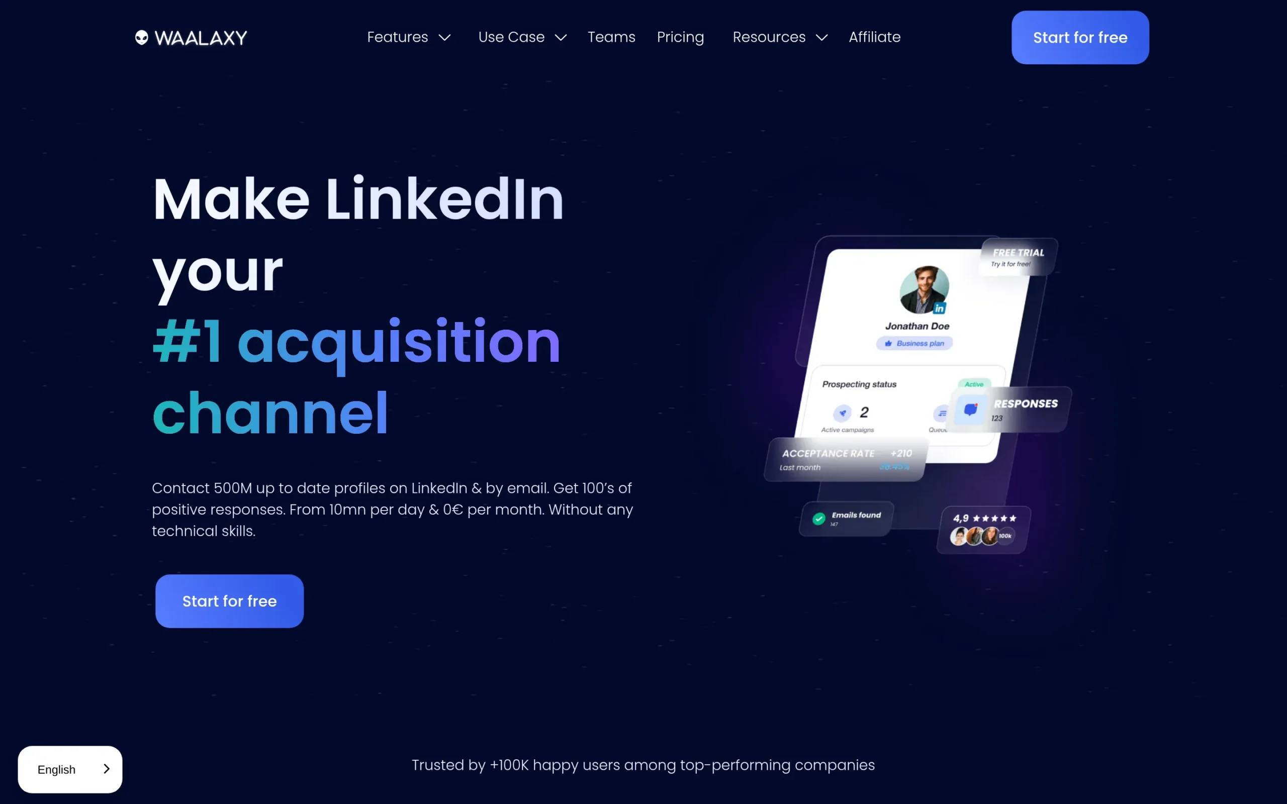 Waalaxy interface showing key features and dashboard
