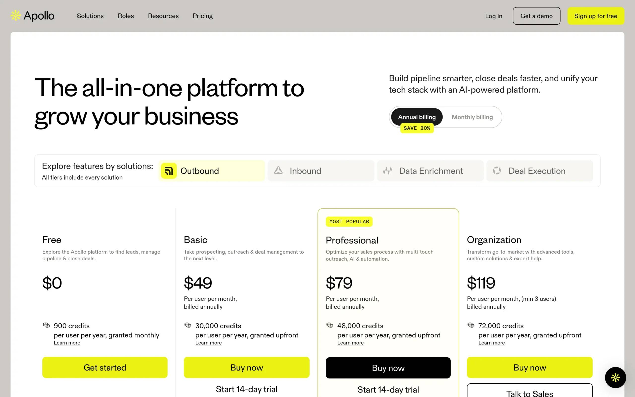 Apollo software pricing page UI showcasing Free, Basic, Professional, and Organization subscription plans.