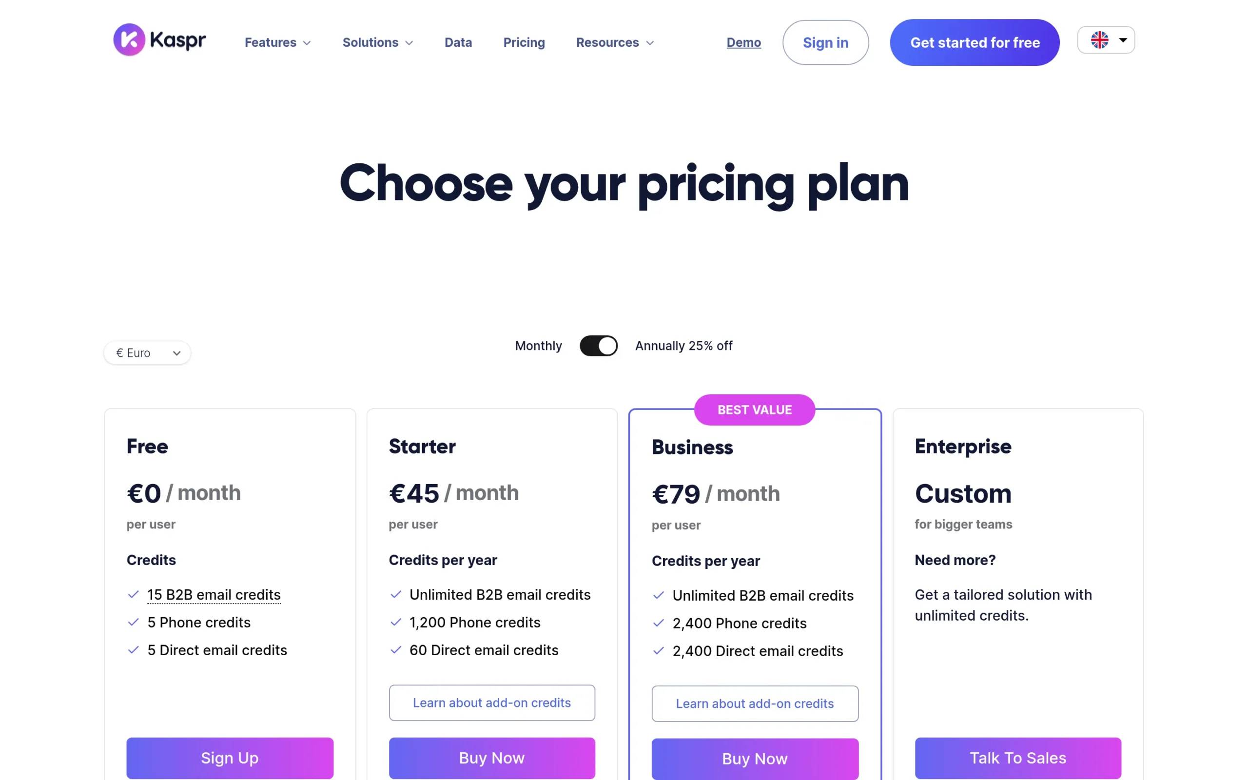 Kaspr B2B lead generation platform pricing plans interface.