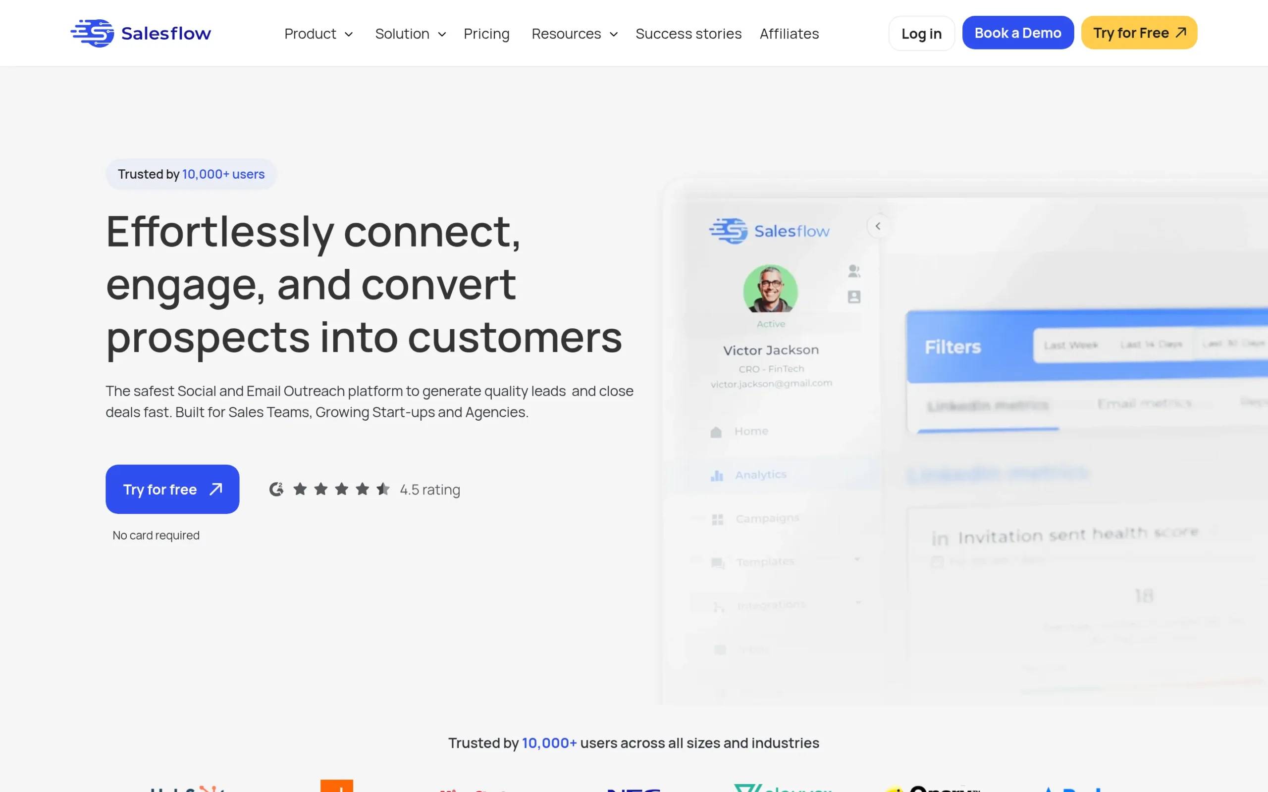 Salesflow interface showing key features and dashboard