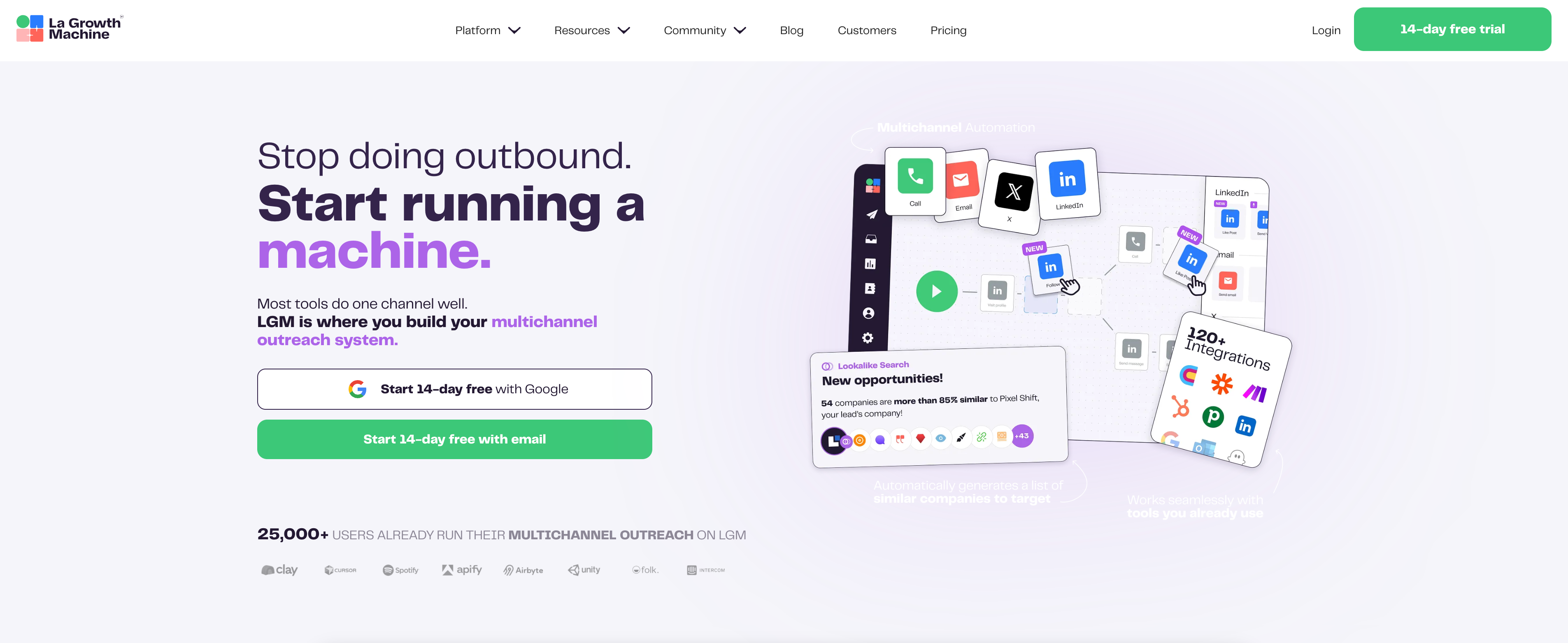 LaGrowthMachine dashboard showing automated outbound workflows, LinkedIn, integrations, and performance data like saving 90% time.