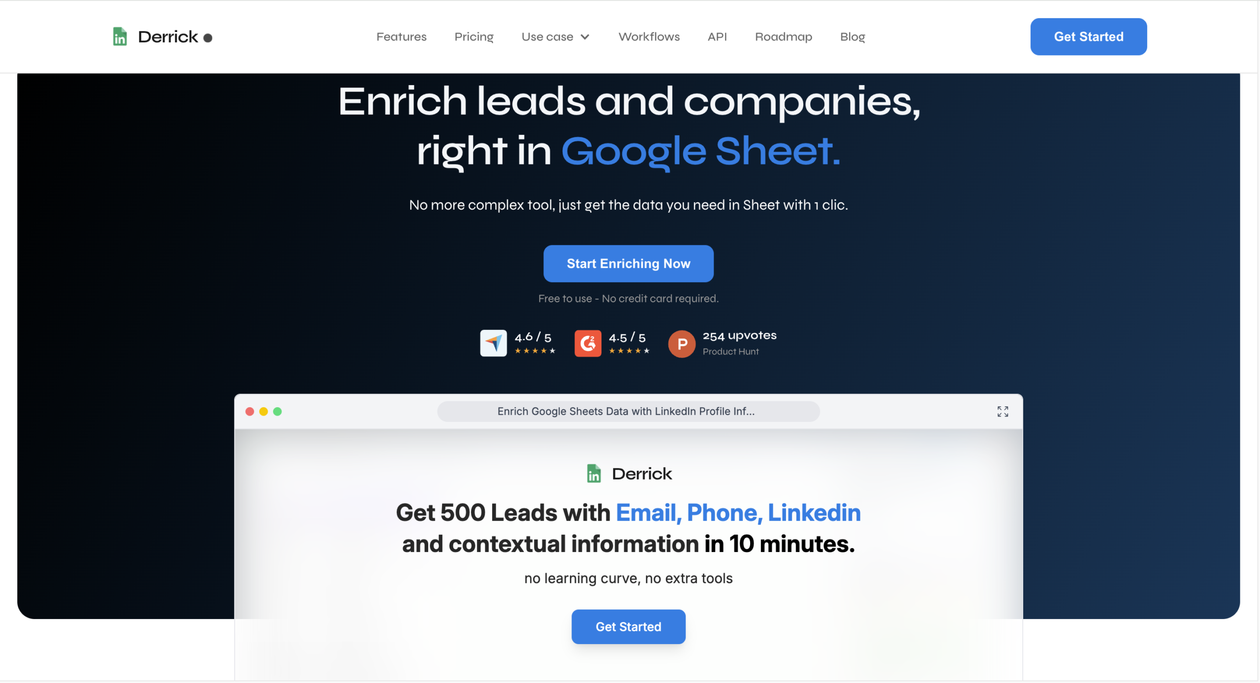 Derrick B2B data enrichment inside Google Sheets