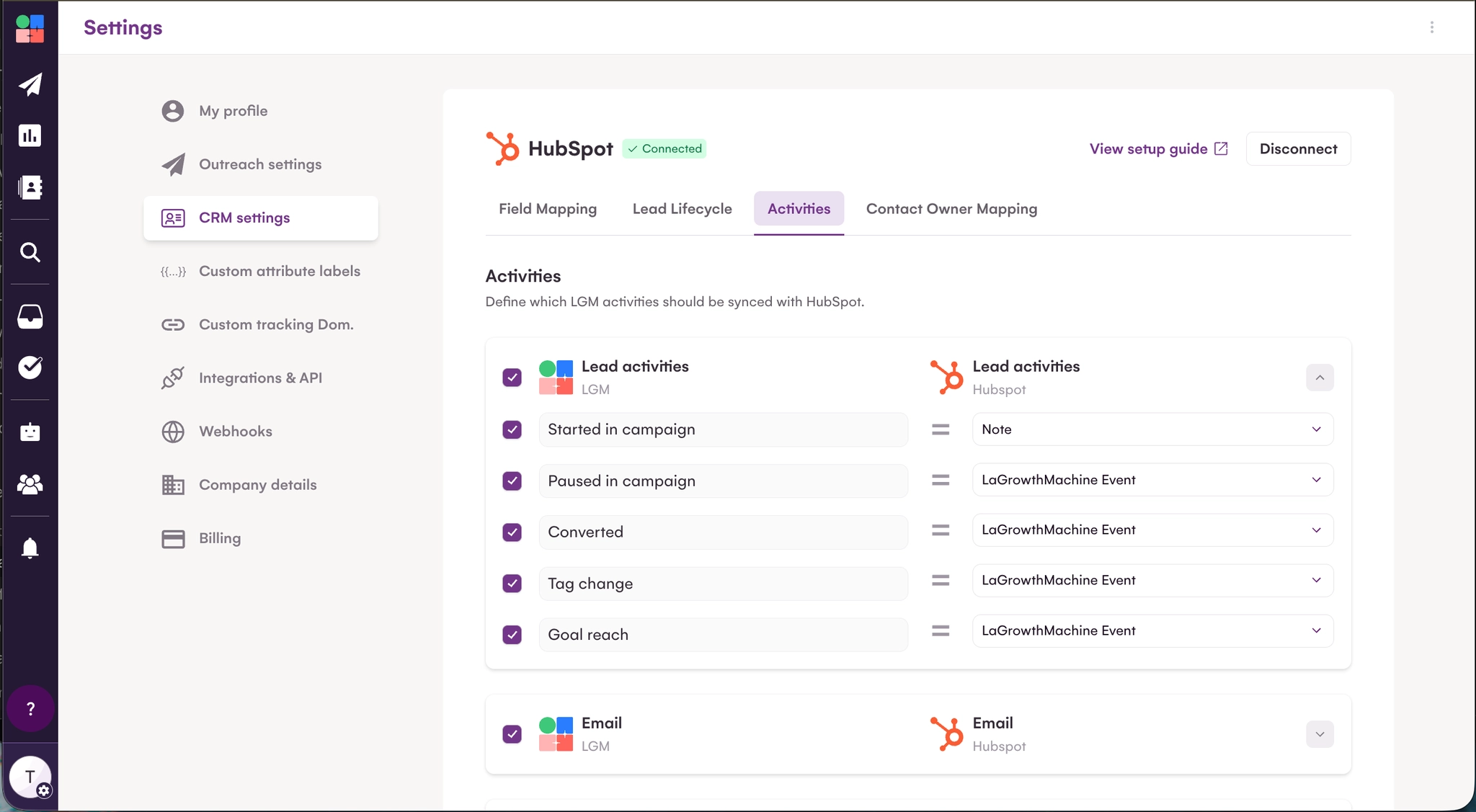 As ações da La Growth Machine registradas como atividades nativas do HubSpot