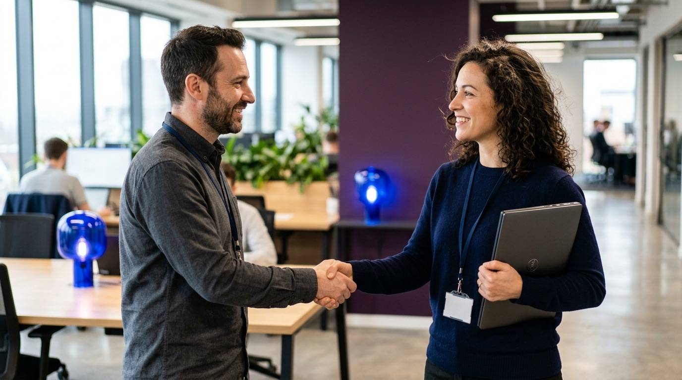Une ancienne cliente lors de son premier jour dans une nouvelle entreprise, serrant la main d'un collègue : le signal d'achat du champion qui change de poste