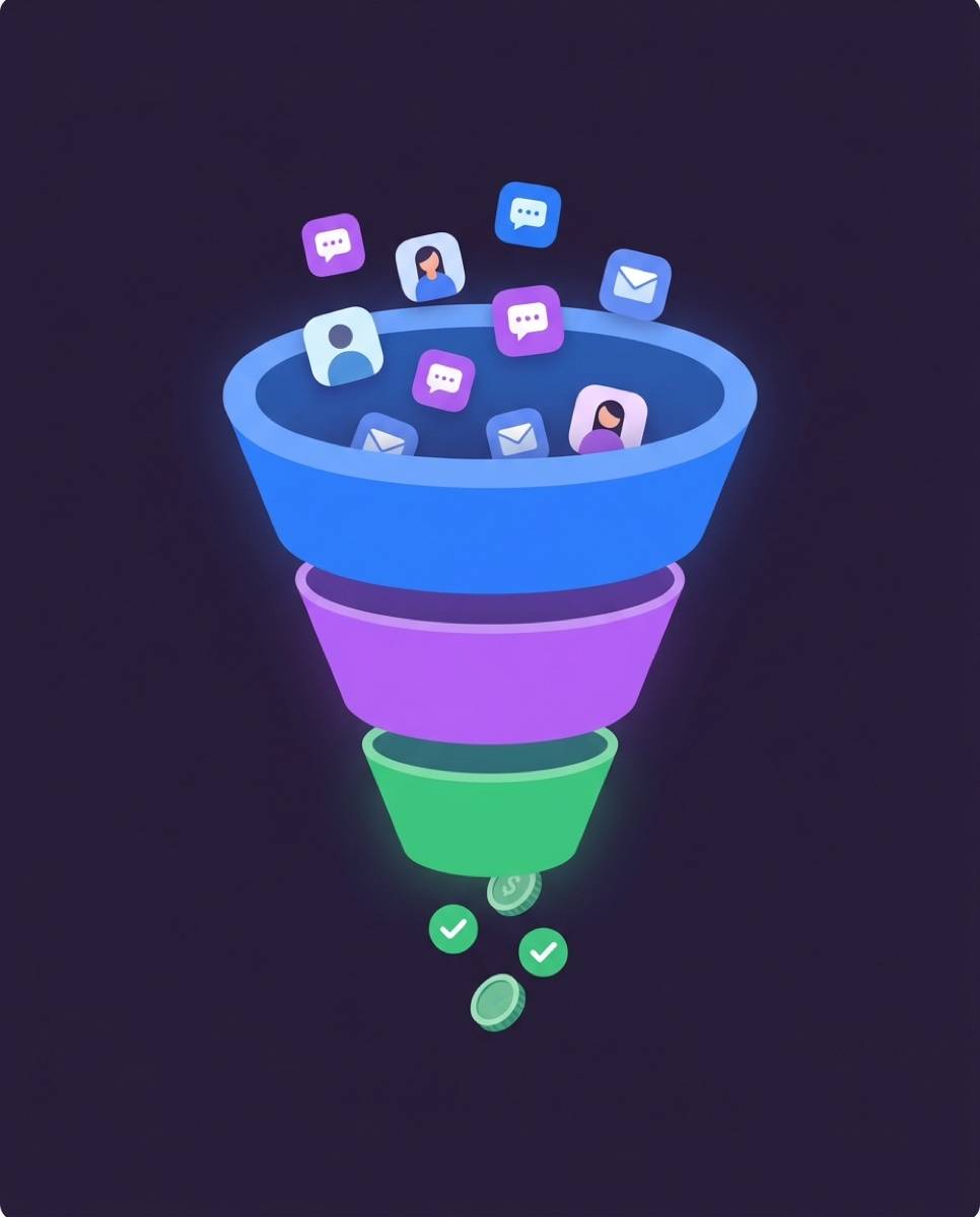 Ilustração de um funil de vendas: leads entrando no funil e se convertendo em clientes